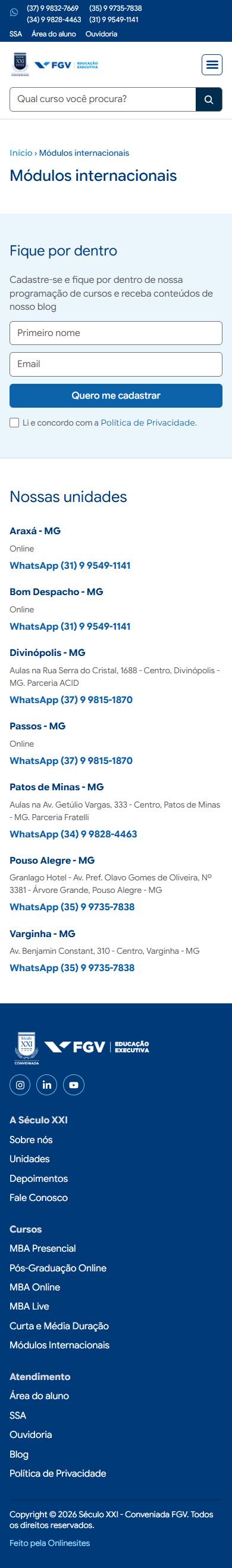 Módulos internacionais, depois, celular